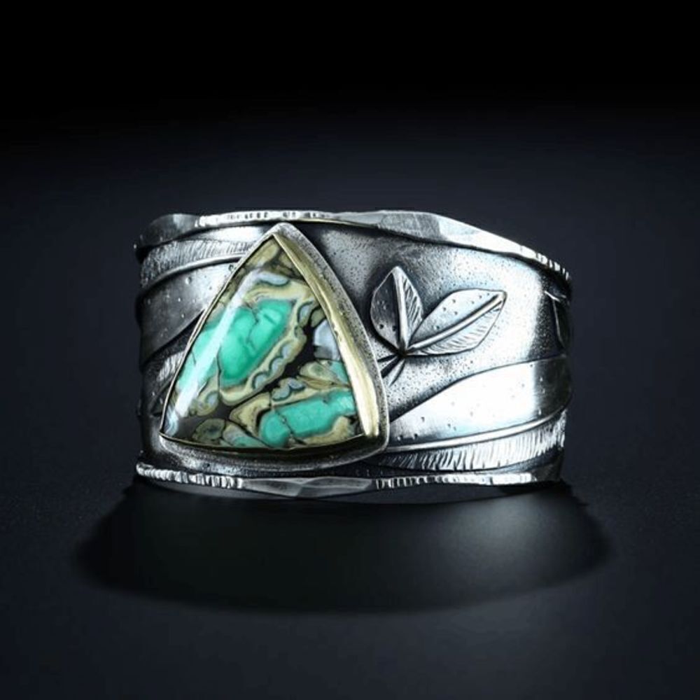 SILVER TURQUOISE GEOMETRIC BOHO WESTERN LEAF UNISEX RING